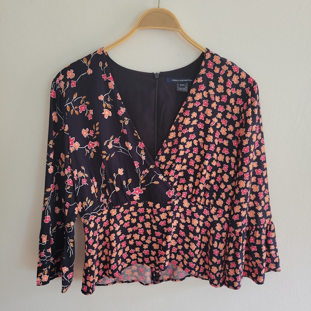 French‎ Connection Cropped Drape Blouse 8 Mixed Floral 3/4 Fluted Sleeve Boho